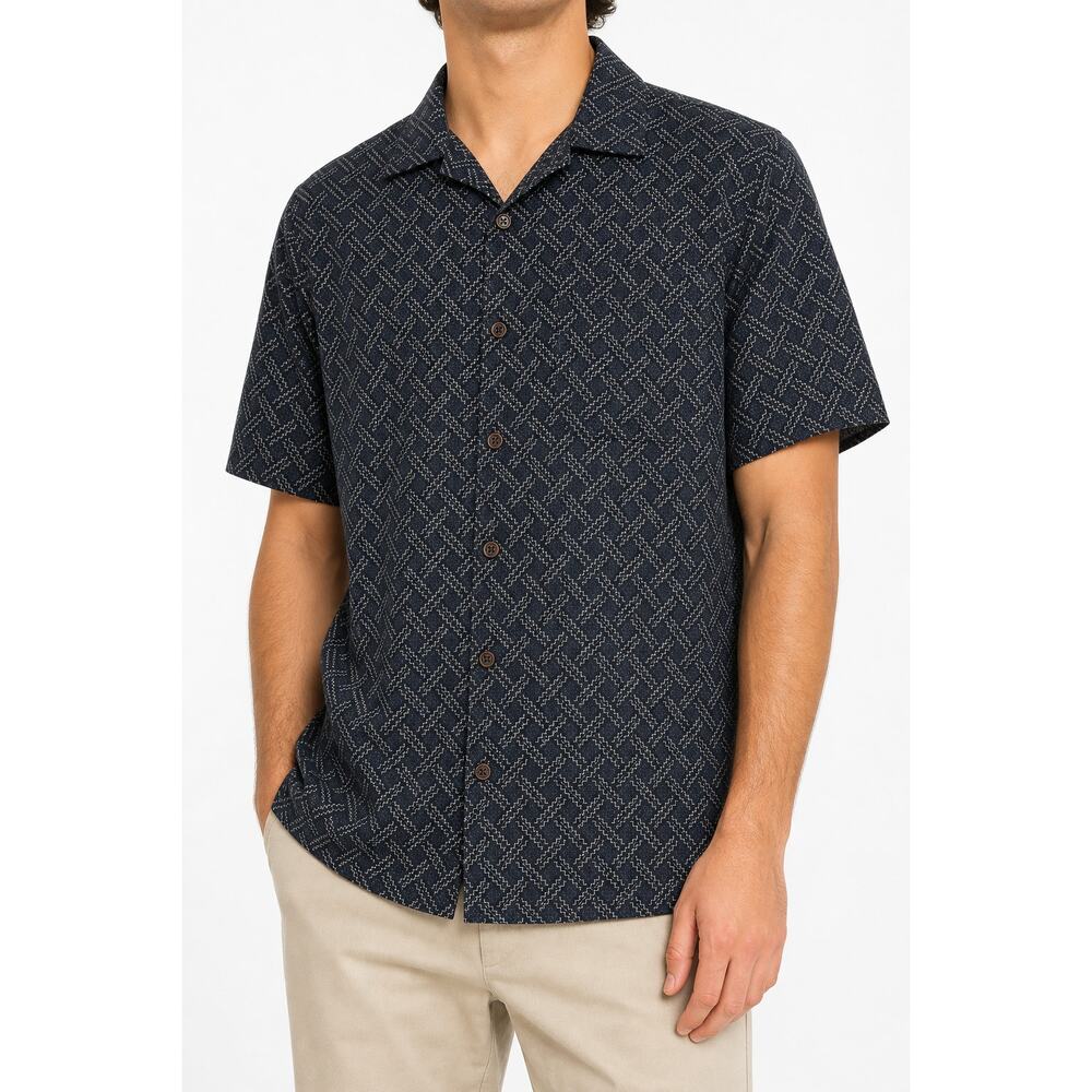 Nat Nast Men Silk Cotton Geometric Button Camp Bowling Shirt Size M Resortwear